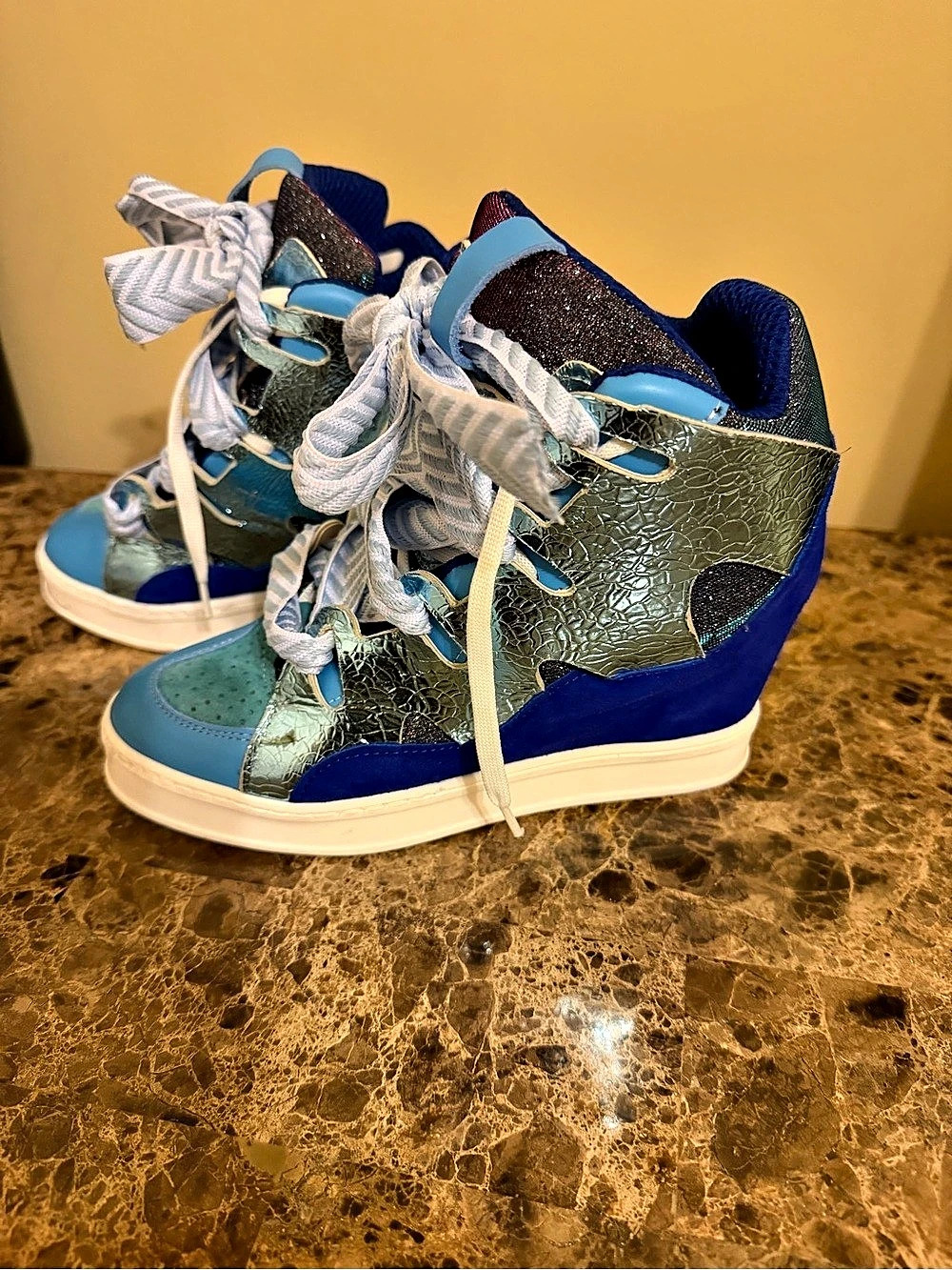 Cynthia Richard Courageous Italian Metallic Blue & Silver High Top Wedge Sneaker